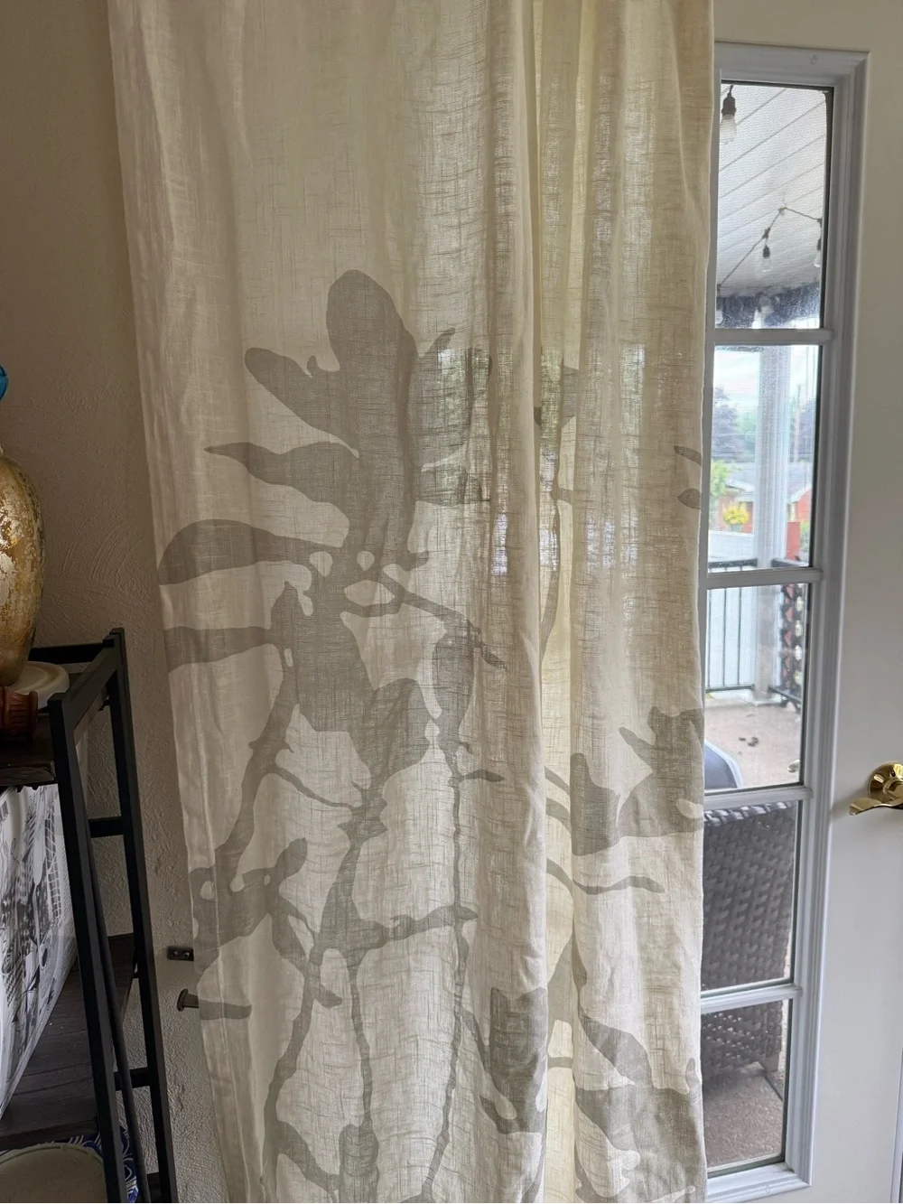 West Elm Cream Curtains Taupe Botanical Motif linen cotton 48x96/2 panels *flaw*